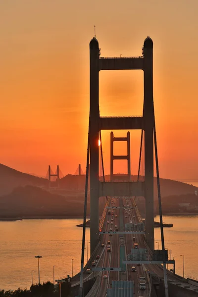Πορτοκαλί Ηλιοβασίλεμα Στη Γέφυρα Τσινγκ Αυτοκινητόδρομοι Στο Χονγκ Κονγκ Δομή — Φωτογραφία Αρχείου