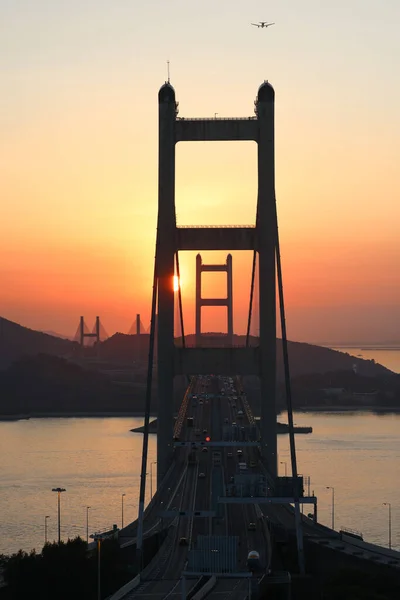 Orange Sunset Tsing Bridge Highways Hong Kong Structure Suspen — Stock Photo, Image