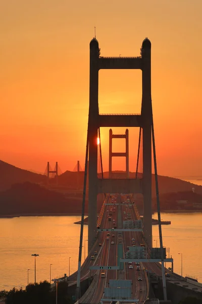 Orange Sunset Tsing Bridge Highways Hong Kong Structure Suspen — Stock Photo, Image