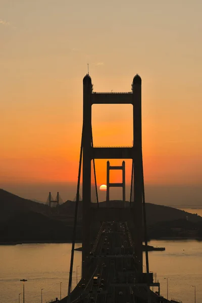 Alacsony Látószögű Tsing Bridge Orange Sky Sunset Hong Kon — Stock Fotó