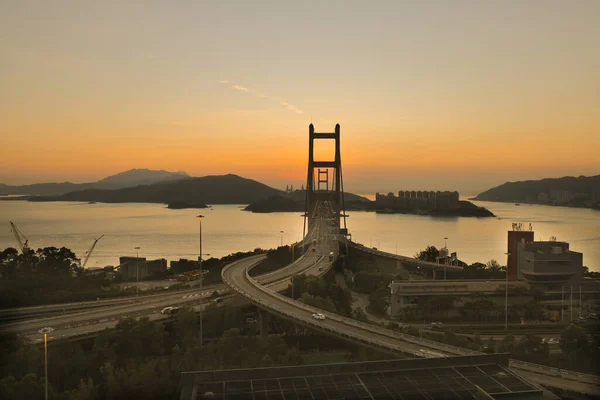 Vue Sur Heure Coucher Soleil Tsing Bridge Hong Kong — Photo