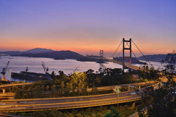 Hermoso Puente Tsing Por Noche Hong Kong —  Fotos de Stock