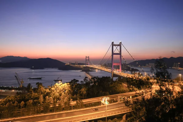 Tsing Suspension Bridge Que Conecta Ilha Lantau Com Kowloon — Fotografia de Stock