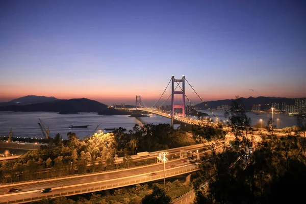 Tsing Suspension Bridge Connects Lantau Island Kowloon — Stock Photo, Image