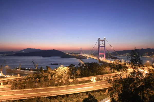 Tsing Suspension Bridge Que Conecta Ilha Lantau Com Kowloon — Fotografia de Stock