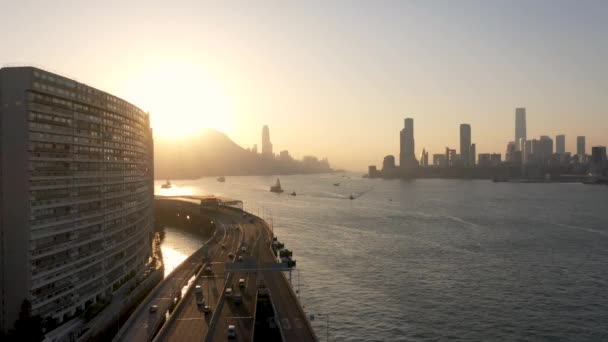 Luchtbeelden Van Causeway Bay North Point Bij Zonsondergang Victoria Park — Stockvideo