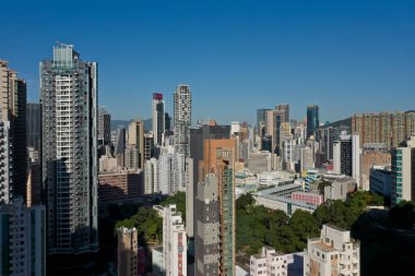 1 Aralık 2021 'de modern bir şehirde gökdelenler, Wan Chai, Hong Kong 