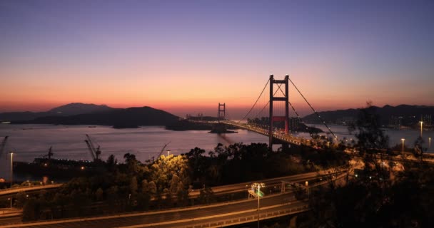 Sunset Tsing Γέφυρα Ορόσημο Αναστολή Γέφυρα — Αρχείο Βίντεο