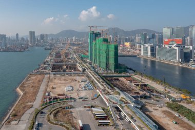 11 Aralık 2021 'de Kai Tak Hong Kong' daki inşaat alanının havadan görüntüsü.