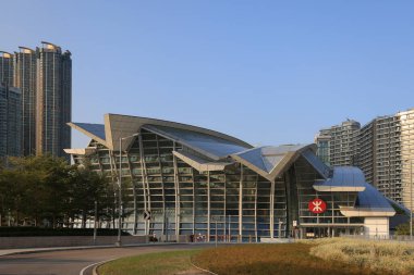 30 Aralık 2021 Hong Kong Batı Kowloon İstasyonu Yeşil Plaza manzarası