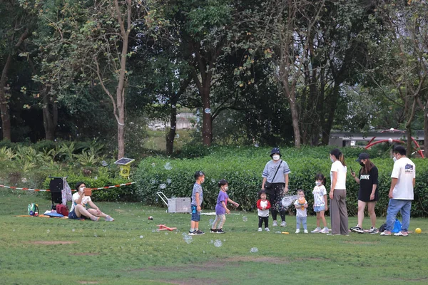 Bellen Blazen Een Park Met Ouders Zeepbellen Spelen Het Park — Stockfoto