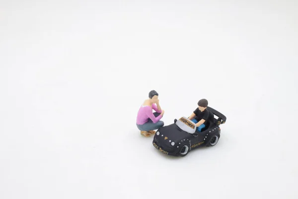 Mother Take Care Cute Boy Riding Toy Car — Stockfoto