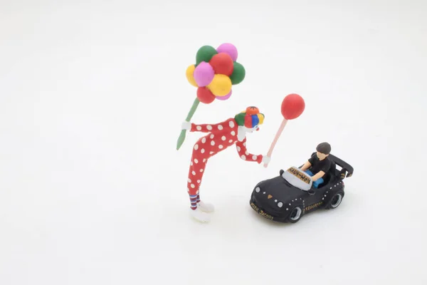 Fun Figure Clown Little Boy Driving Pedal Car — Stockfoto