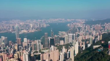9 Nov 2019 Hong Kong: epic aerial view of the Victoria Harbor in a clear sky day