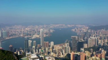 9 Nov 2019 Hong Kong: epic aerial view of the Victoria Harbor in a clear sky day