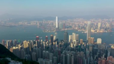9 Nov 2019 Hong Kong: epic aerial view of the Victoria Harbor in a clear sky day