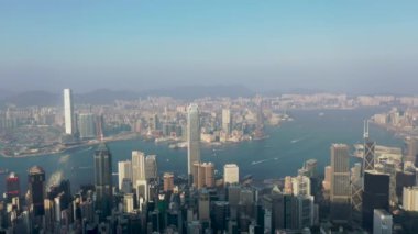 9 Nov 2019 Hong Kong: epic aerial view of the Victoria Harbour in a clear sky day,