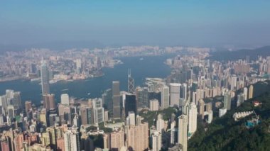 9 Nov 2019 Hong Kong: epic aerial view of the Victoria Harbor in a clear sky day