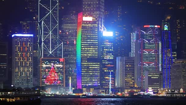 Декабря 2016 Victoria Harbour Hong Kong Buildings Christmas Decoration — стоковое видео