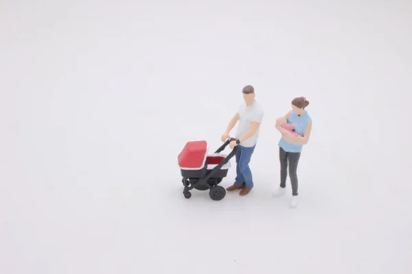 Mini Mother Father Walking Outdoors Pushing Baby Pram — Zdjęcie stockowe