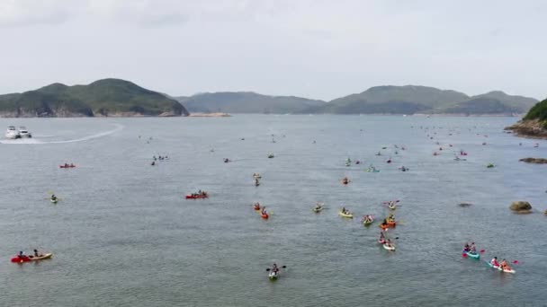 May 2022 Rowers Canoes Floating Shore Sai Kung — kuvapankkivideo