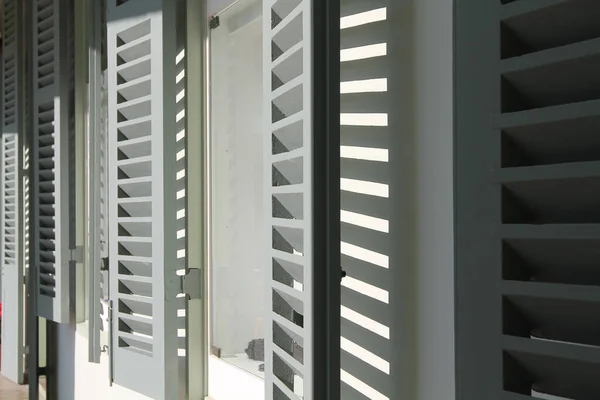 Dec 2011 Row Window Shutters Closeup Architecture Open Exterior Houses — Fotografia de Stock