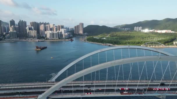 Cross Harbor Bridge Construction Tseung Kwan April 2022 — Stock Video
