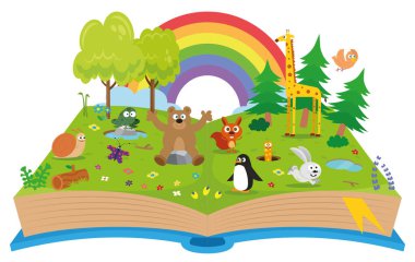 Şirin hayvanlar üzerinde harfler yazan arabalarla yolda araba kullanırlar.