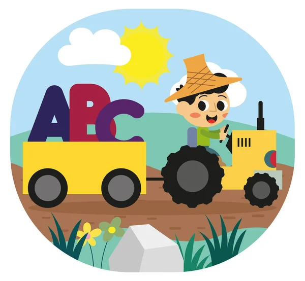 Adorable Boy Carries Abc Letters His Tractor — Stock Vector