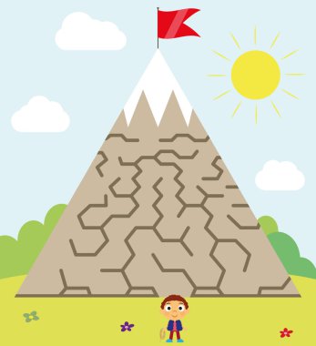 Dağdaki ve tırmanan çocuklar için Maze yapboz sayfası