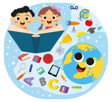 Sevimli çocuklar ve okul eşyaları kitaplarla uçuyor.