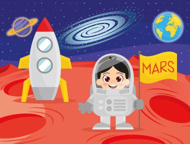 Sevimli astronot çocuk ve uzay gemisi