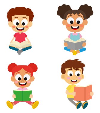 Kitap okuyan sevimli neşeli çocuklar.