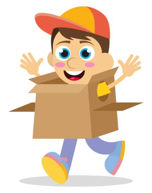 Karton kutudan uçak yapan sevimli çocuk.