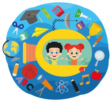 Sevimli çocuklar ve okul eşyaları bir denizaltı gemisinde.