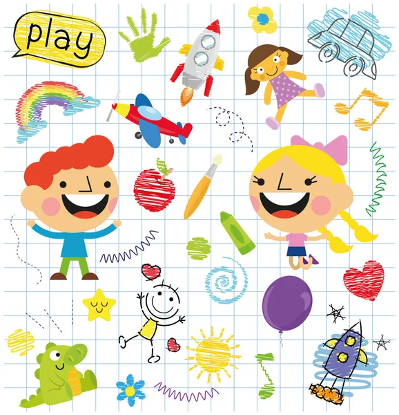 幼稚园里可爱的孩子和多彩的图画 — 图库矢量图片