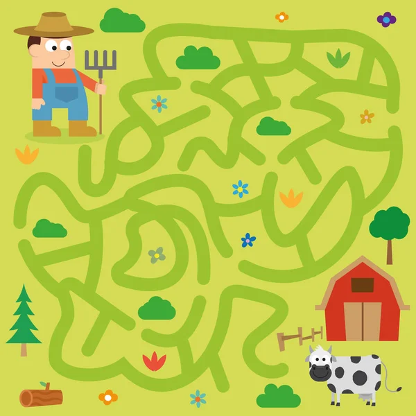 Maze Puzzle Page Children Farmer Theme — Stock Vector