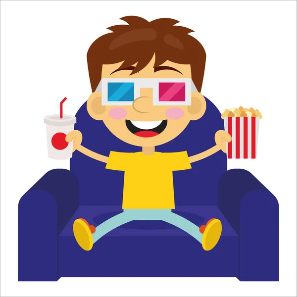 Miúdo Bonito Assistindo Filmes Cinema —  Vetores de Stock