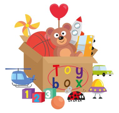 Oyuncak kutusunun içinde ve dışında çeşitli çocuk oyuncakları var.