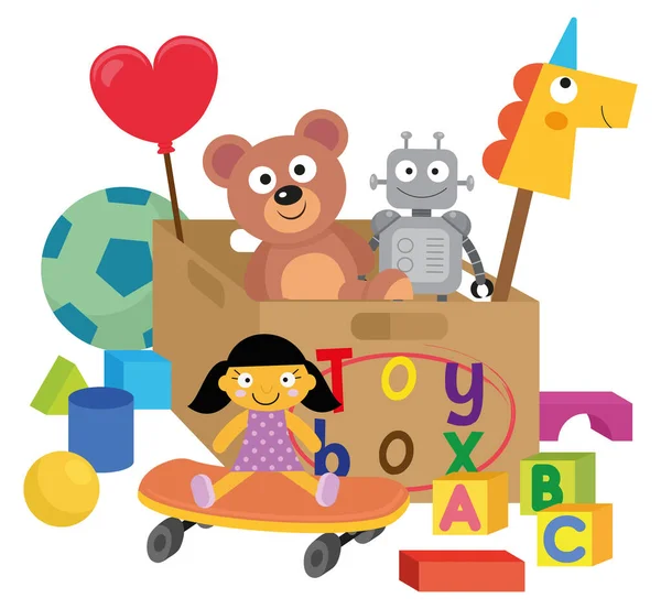 おもちゃ箱の内外の様々な子供のおもちゃ — ストックベクタ
