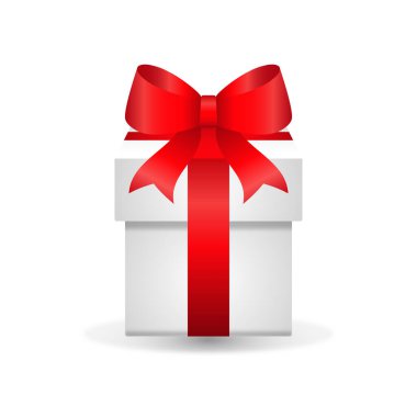 beyaz zemin üzerine kırmızı yay ile beyaz hediye kutusu