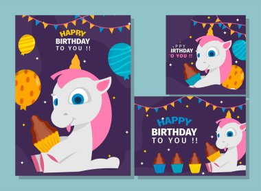 Vektör illüstrasyon koleksiyonu hediye afiş doğum günü konseptini tasvir eder. Tebrik kartı, davetiye, poster, sosyal medya, albüm tasarımı.