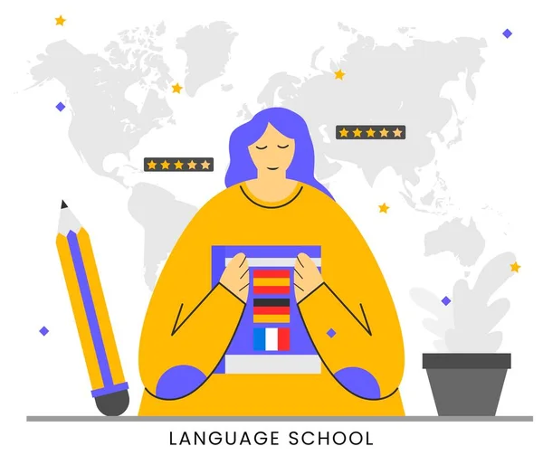 语言学校 具有人物性格的外语课程 远程教育媒介说明 平面矢量图解 — 图库矢量图片