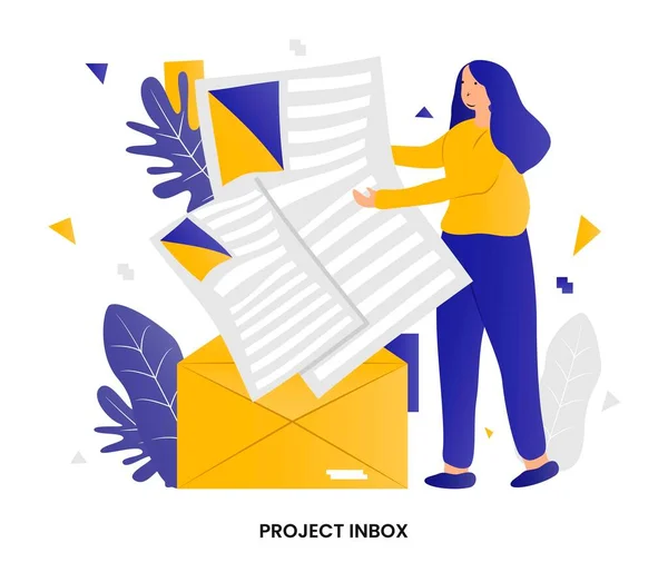 Project Inbox 女商人在邮件中保存信件 业务项目的概念收件箱 电子邮件 发送和接收电子邮件给同事 现代平面彩色矢量插画 — 图库矢量图片