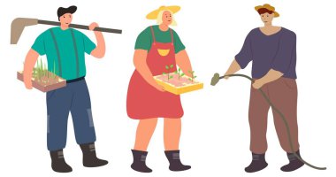 Düz dizayn. İnsanlar bahçe resimlerinde çalışıyor. Tarım işçisi hobisi, bahçe işleri, bahçıvanlık.