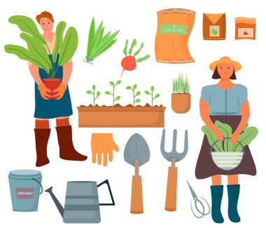 Bahçe aletleri. Bahar bahçesi ekipmanları - çapa, çatal, kürek ve tırmık, el arabası ve tohum. Bitki taşıyan kadın ve erkek. Bahçecilik vektörü seti. Vektör illüstrasyonu