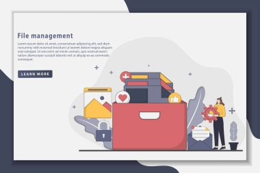 Illustration Dosya Yönetimi İniş Sayfası Konsepti. Dosya yönetim sistemi kavramı. Modern düz stil tasarım vektör çizimi.