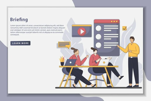 Flatline Design Teamwork Briefing Landing Page Illustration Geschäftsleute Diskutieren Während — Stockvektor