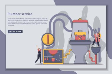 Flatline style design Plumber service landing page illustration. Work plumbers helping. Housework repairing, handyman, and broken boiler heater. banner for landing page website.