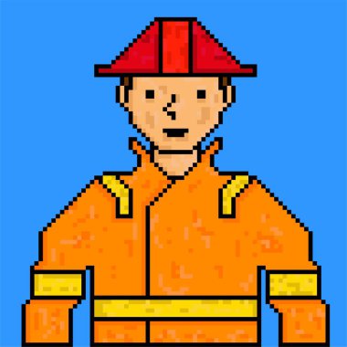 Pikselli sanat tarzı itfaiye çizimi. Logo, etiket, ağ, nakış ve mobil uygulama için element tasarımı. Piksel resim simgesi. İzole vektör çizimi. 8-bit peri.